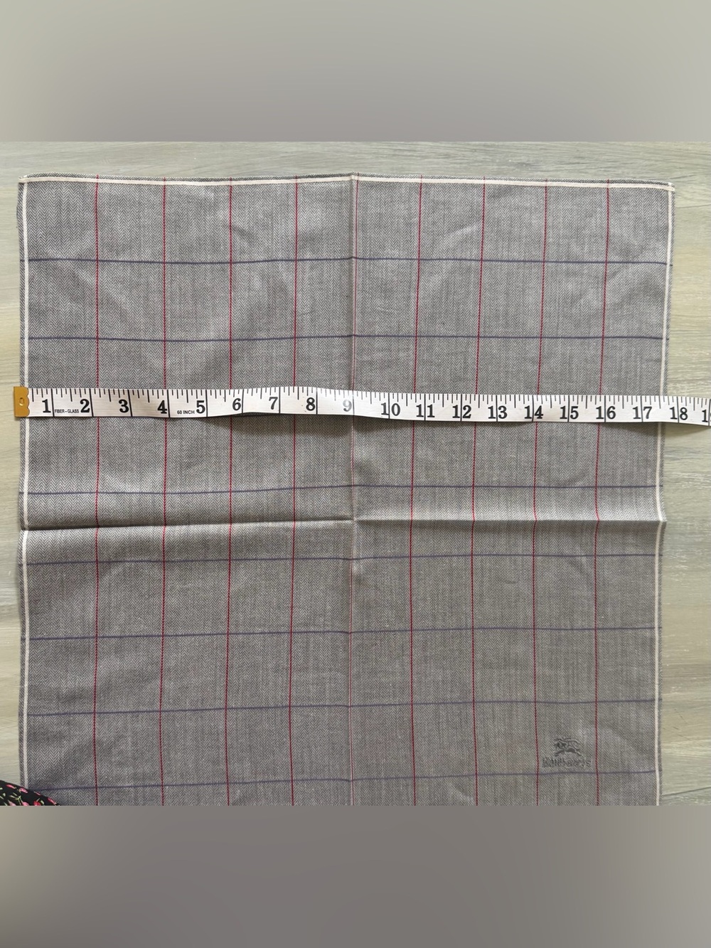 Burberry’s Grey Windowpane Herringbone Pocket Square with Red Purple & Blue Line - Picture 7 of 13